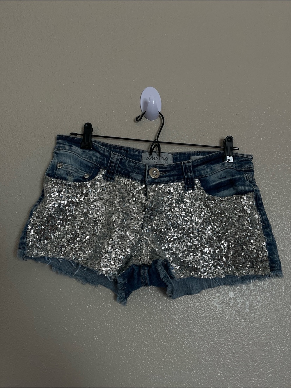 Daytrip Silver Sequin Front Blue Denim Cutoff Shorts